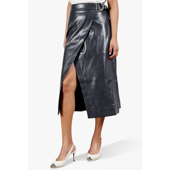 NWT Ted Baker Elii A Line Wrap Faux Leather High Waisted Midi Blue Vegan Skirt